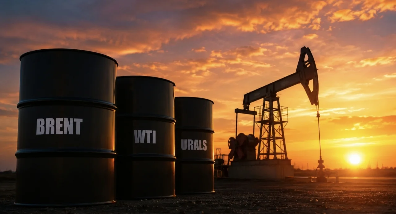 Три бочки нафти Brent WTI Urals біля нафтовишки на заході сонця