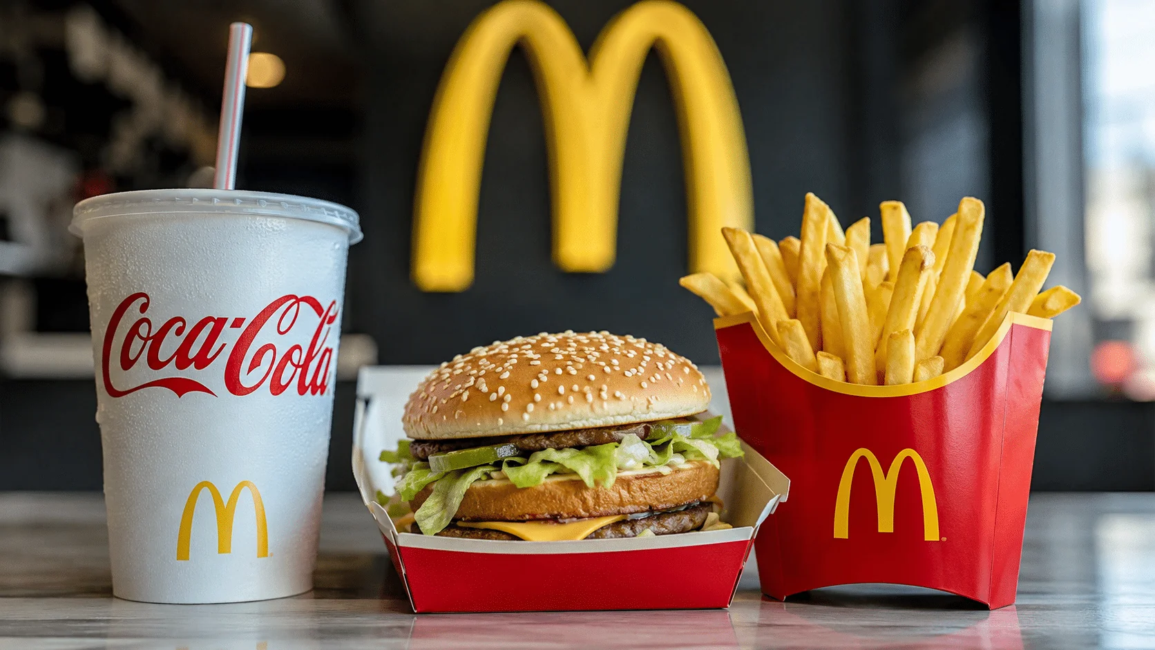 Coca-Cola у чашці McDonalds поруч з бургером і картоплею фрі