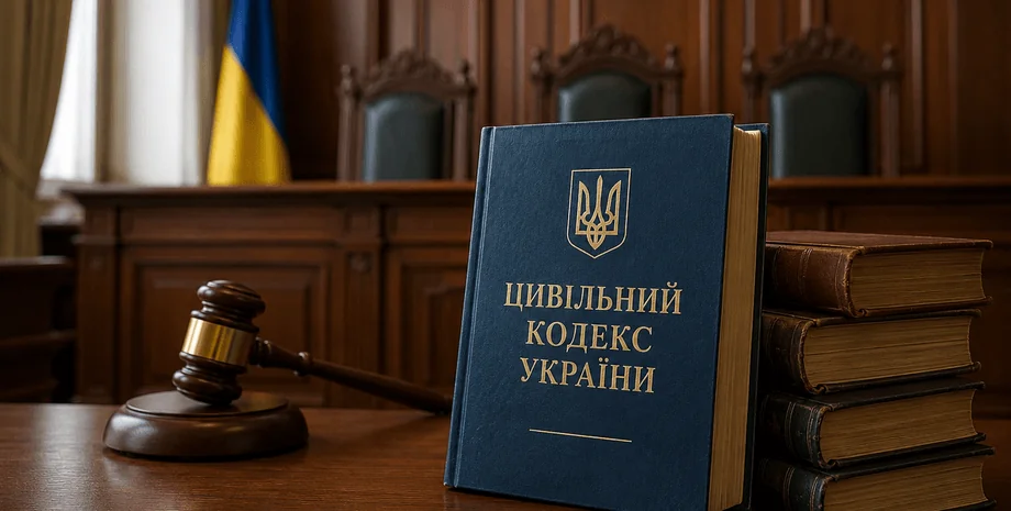 Цивільний кодекс України з молотком судді на тлі прапора