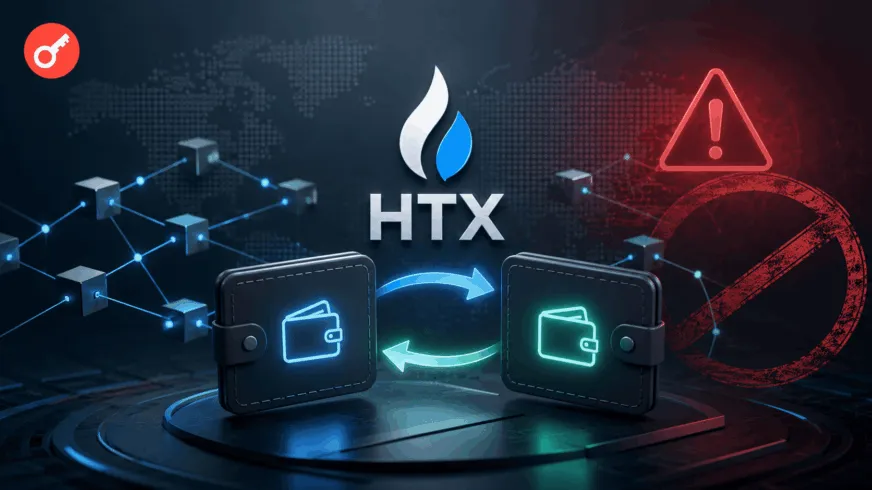Логотип HTX між двома криптогаманцями зі стрілками обміну на тлі карти світу