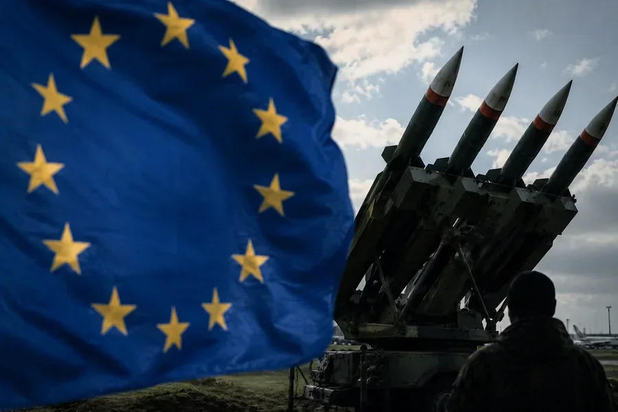 Флаг ЕС на фоне ракет Patriot, которые Европа не передает Украине