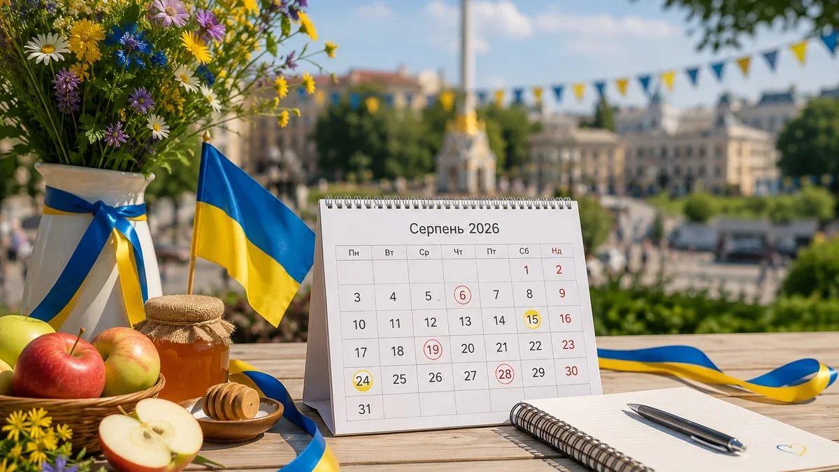 Настольный календарь августа 2026 с флагом Украины, цветами, яблоками и мёдом