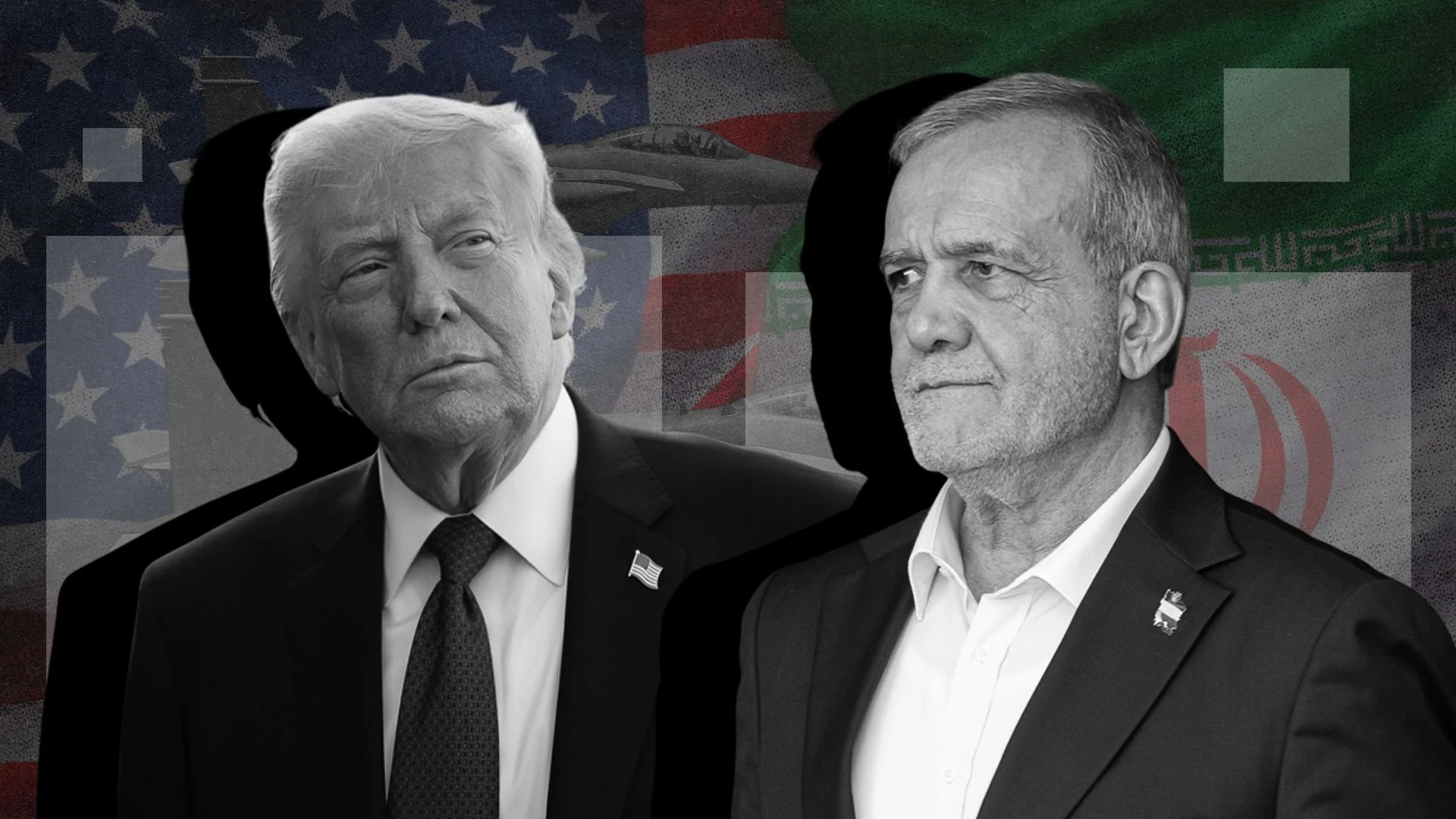 Дональд Трамп і іранський лідер на тлі прапорів США та Ірану з літаками