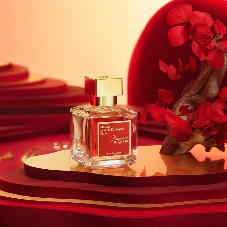 Флакон Baccarat Rouge 540 от Maison Francis Kurkdjian на золотой подставке с красными цветами