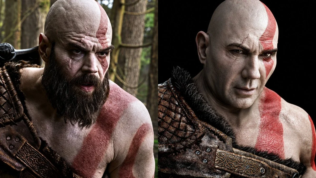 Порівняння Дейва Батисти в образі Кратоса з ігровою версією з God of War