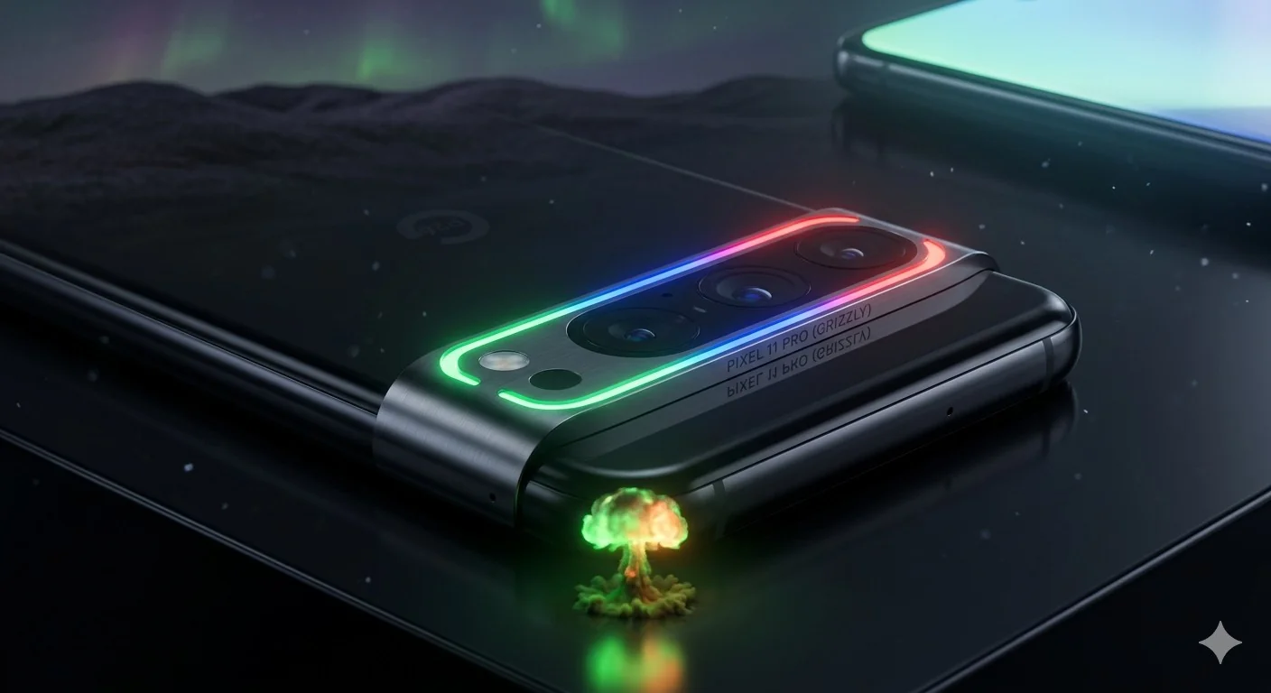 Чорний Pixel 11 Pro з райдужним кільцем камер і зеленим світінням на космічному тлі